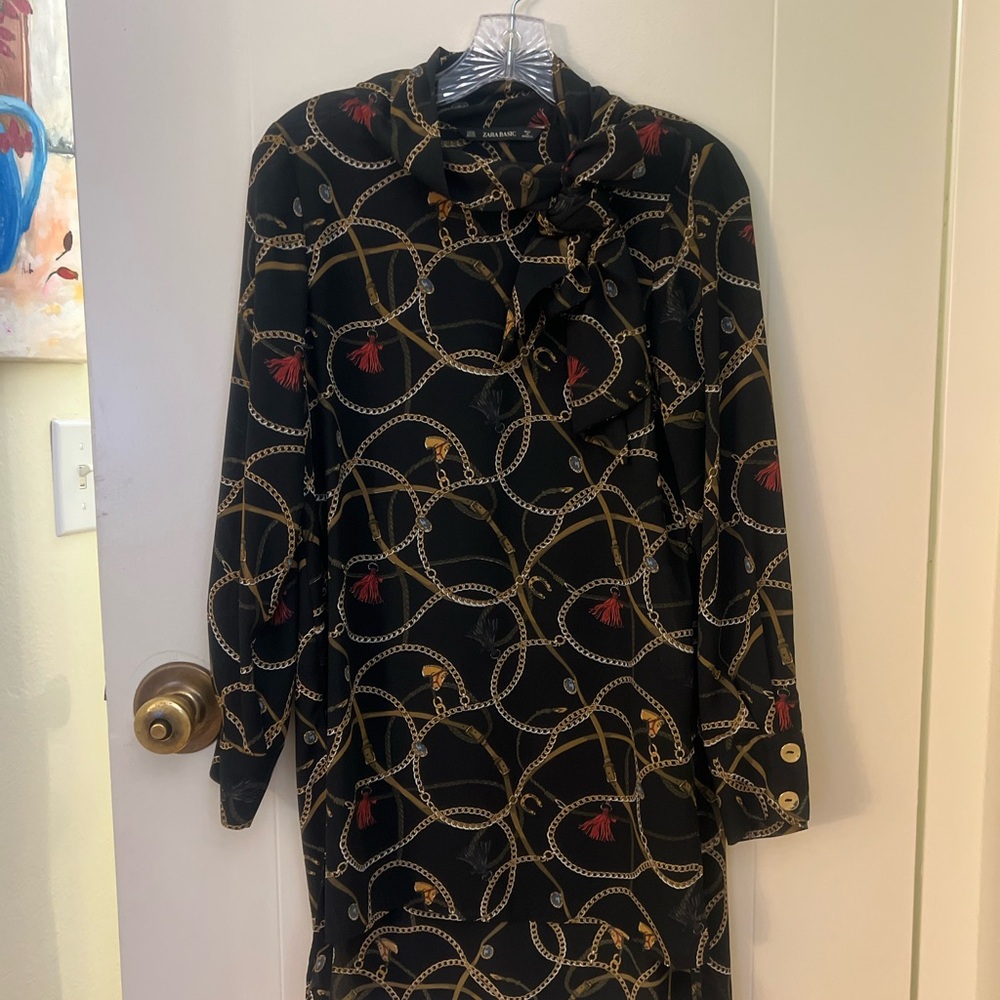 Zara Black and Gold Sheath Dress with Mandarin Collar